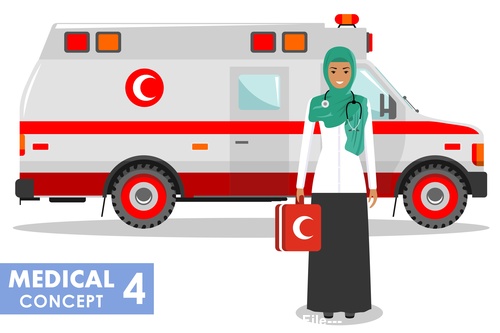 Malaysian female nurse and ambulance vector