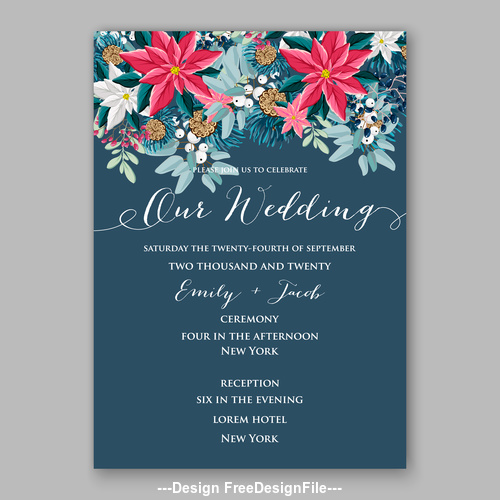 Pine branch and floral wedding invitation template vector