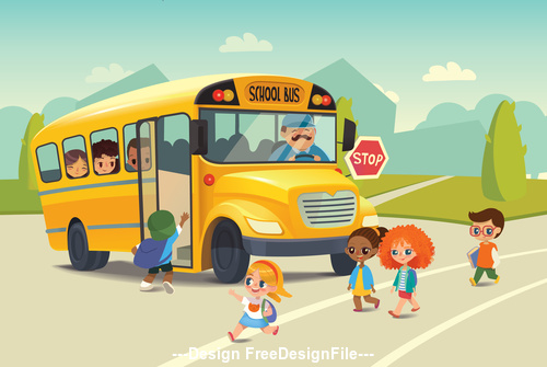 Primary school student and school bus vector