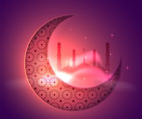 Red background glittering moon ramadan festival vector