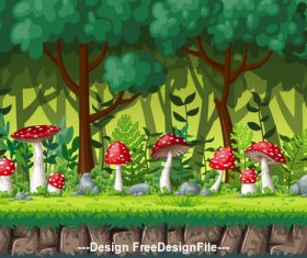 Red mushroom cartoon in green forest vector
