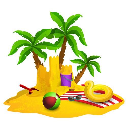 Sandcastle and yellow duckling lifebuoy vector