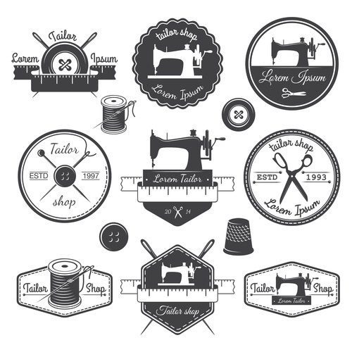 Sewing machine and scissors label vector