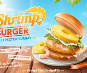 Shrimp burger ads background in 3d illustration vector