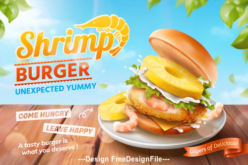 Shrimp burger ads background in 3d illustration vector
