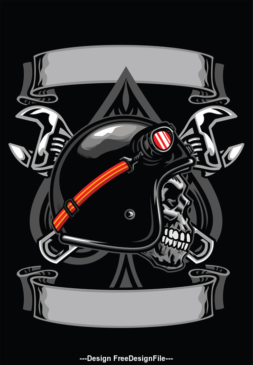 Skull of biker with spade and crossed wrench vector
