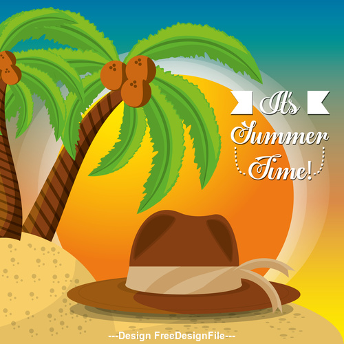 Summer beach coconut tree and hat vector