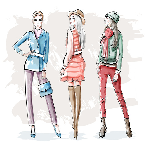 Watercolor three fashion girls vector