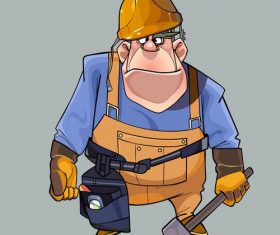 vector cartoon big man in helmet and working clothes with tools