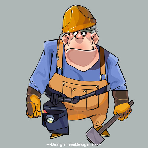 vector cartoon big man in helmet and working clothes with tools