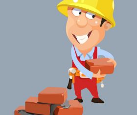 vector cartoon builder worker man in a helmet with bricks