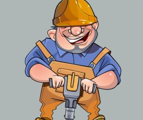 vector cartoon happy man in helmet and working clothes with a pneumatic compressor