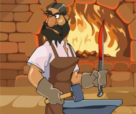 vector cartoon male blacksmith forges a sword and menacingly looks back