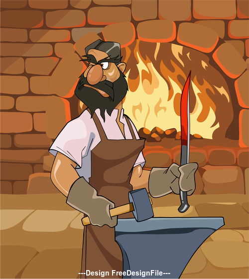 vector cartoon male blacksmith forges a sword and menacingly looks back
