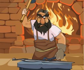 vector cartoon male blacksmith forges a sword in the smithy