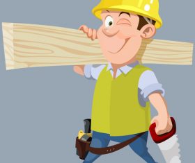 vector cartoon male worker in a helmet with a hacksaw and board