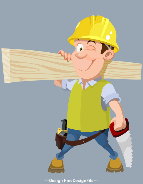 vector cartoon male worker in a helmet with a hacksaw and board