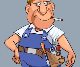 vector cartoon man in overalls with tools and helmet
