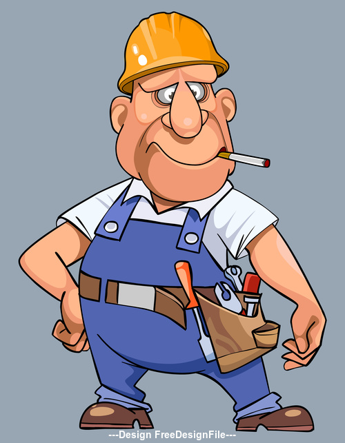 vector cartoon man in overalls with tools and helmet