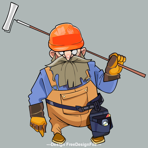 vector cartoon of a bearded man in helmet and working clothes with the tools