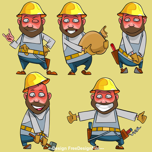 vector cartoon of smiling worker in the helmet in various poses