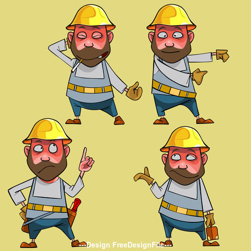 vector cartoon puzzled worker in the helmet in various poses