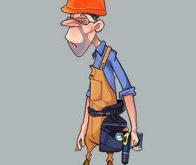vector cartoon sad man in helmet and working clothes with tools
