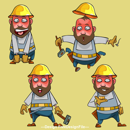 vector cartoon surprised worker in the helmet in various poses