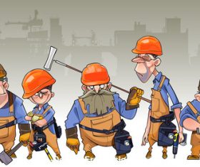 vector cartoon team of men in helmets and clothing workers-builders