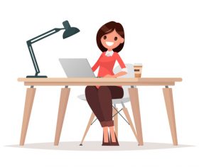 Business woman at the desk is working on the laptop computer vector