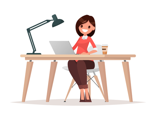 Business woman at the desk is working on the laptop computer vector