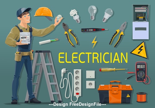 Cartoon electrician professional and tool kit vector