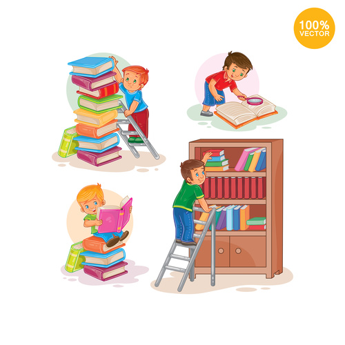 Children sorting books cartoon vector