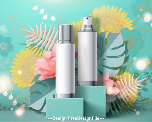Cosmetic set ads and flowers background template vector