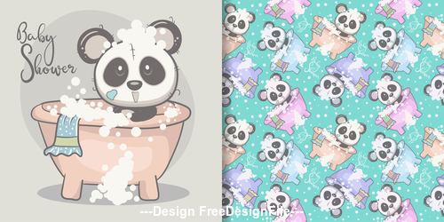 Cute panda greeting card seamless pattern cartoon vector