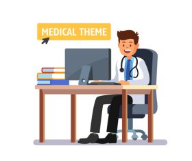 Doctor sitting in front of computer vector