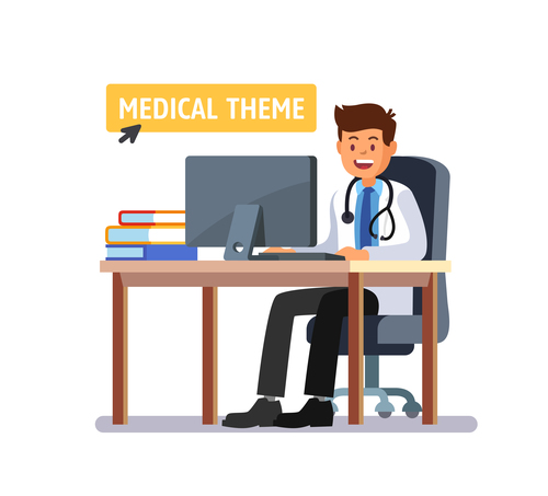 Doctor sitting in front of computer vector