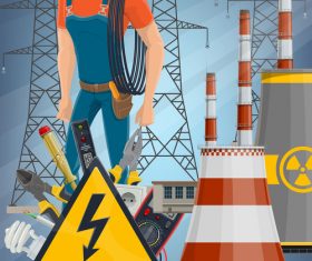 Electrician and transmission tower cartoon background vector