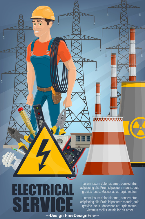 Electrician and transmission tower cartoon background vector