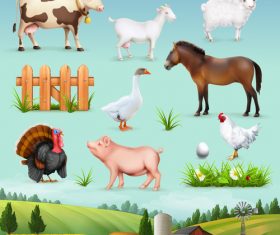 Farm animals and birds vector icons