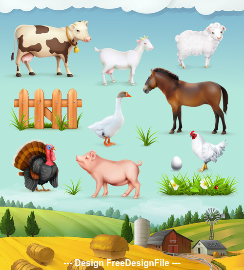 Farm animals and birds vector icons