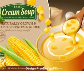 Fresh corn cob and corn cream soup in 3d vector illustration