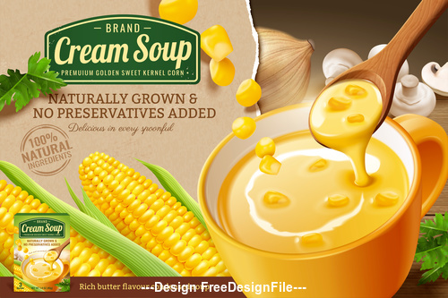 Fresh corn cob and corn cream soup in 3d vector illustration