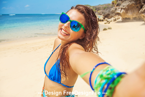 Girl with sea and beach stock photo