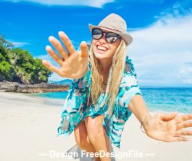 Happy girl and sea with beach stock photo