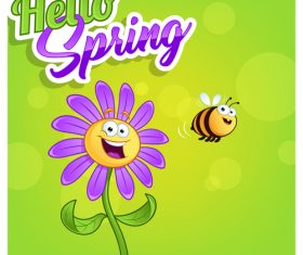 Hello spring cartoon flowers and bee vector