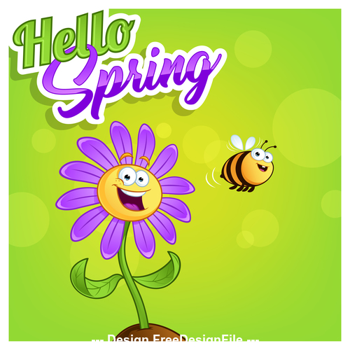 Hello spring cartoon flowers and bee vector