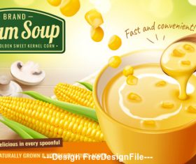 Instant corn cream soup ads with fresh corncob and mushroom vector