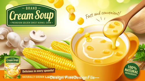 Instant corn cream soup ads with fresh corncob and mushroom vector