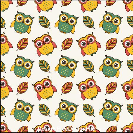 Owl and leaves seamless pattern vector